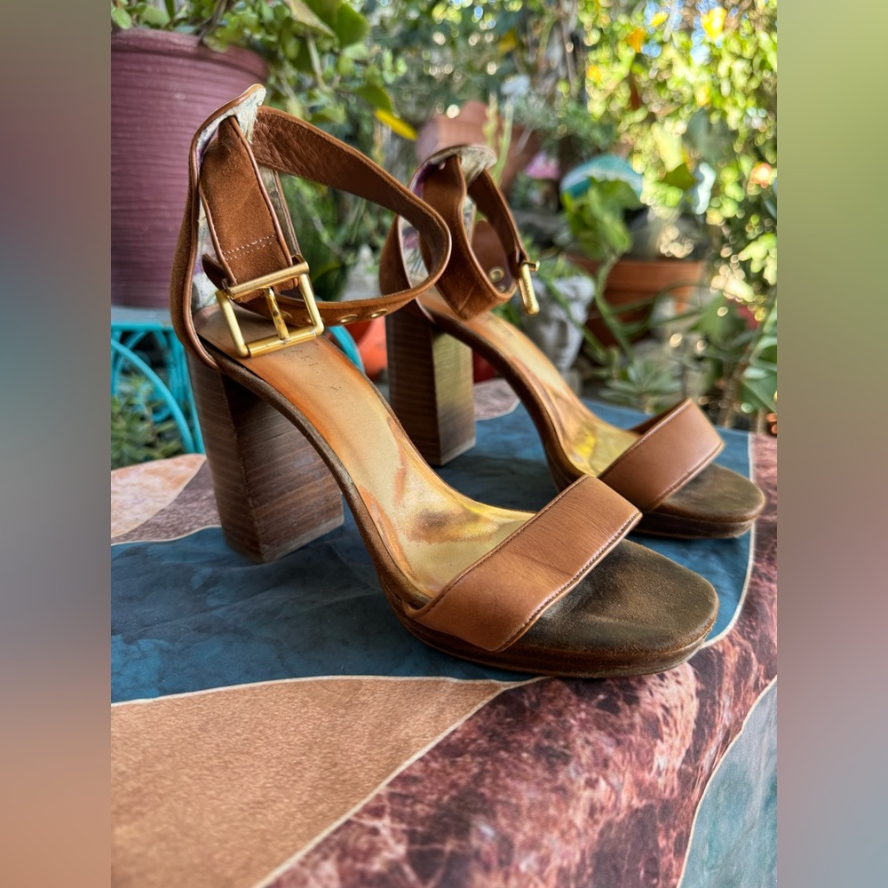 Ted Baker Brown Block Heel Sandals with Gold Buckle